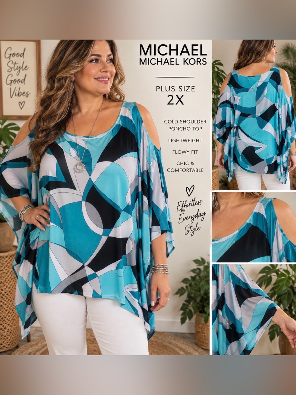 Michael Kors -2X -Aqua & Black -Cold-Shoulder -geometric print Poncho Top